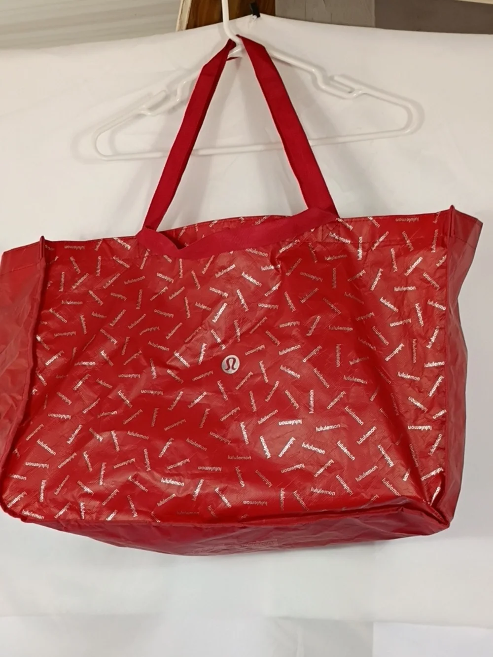 EUC Lululemon Red And Silver Reusable Shopping Tote Bag Jumbo XL Extra Large